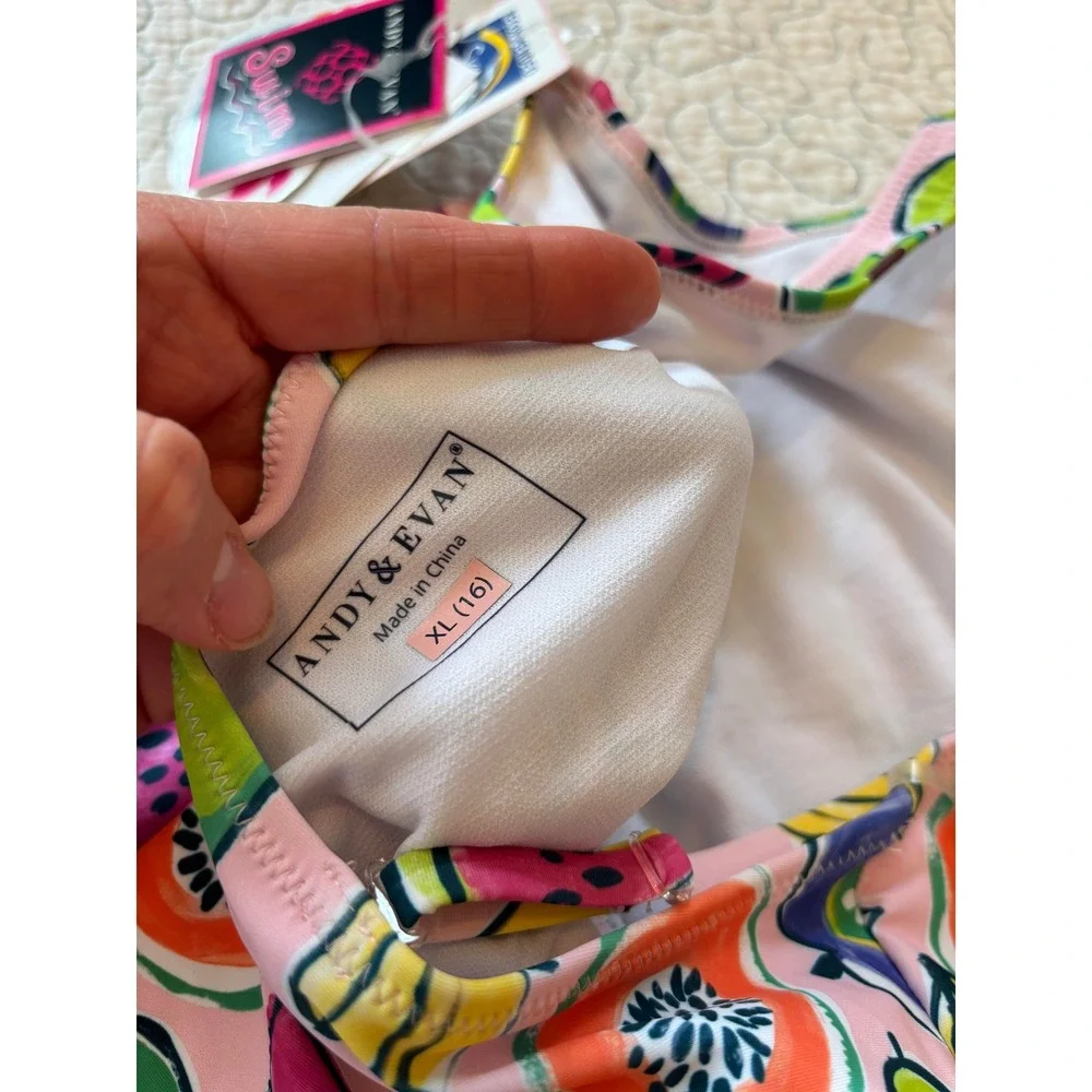 Andy & Evan Girls Pink Tropical Fruit Print One Shoulder Cutout Swimsuit XL 16